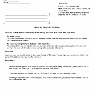 TX HHS Form H1233-MBIC. Redetermination Cover Letter (Medicaid Buy-In for Children)