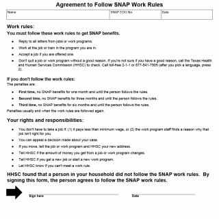 TX HHS Form H1808. Agreement to Follow SNAP Work Rules