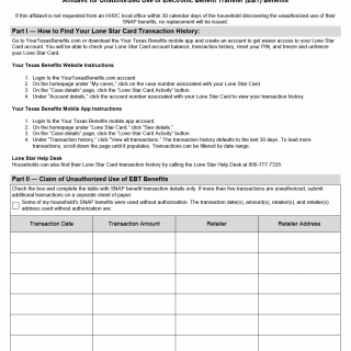 TX HHS Form H1854. Affidavit for Unauthorized Use of Electronic Benefit Transfer (EBT) Benefits TX HHS Form H1854. Affidavit for Unauthorized Use of Electronic Benefit Transfer (EBT) Benefits
