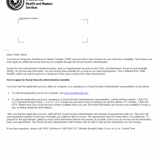 TX HHS Form H1860. TANF Social Security Outreach Letter