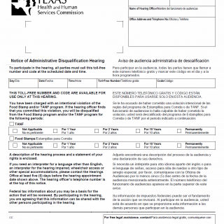 TX HHS Form H4851-P. Notice of Administrative Disqualification Hearing