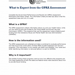 TX HHS Form 1204. Government Performance and Results Act (GPRA) Assessment Participant Information Sheet TX HHS Form 1204. Government Performance and Results Act (GPRA) Assessment Participant Information Sheet