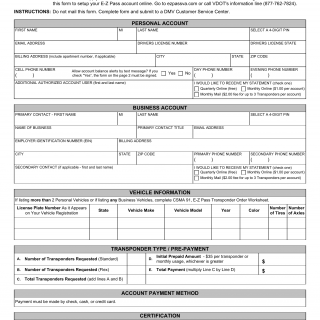Form CSMA 90. E-Z Pass Account Application - Virginia