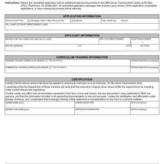 Form DI 505. Driver Improvement Clinic Instructor License Application - Virginia