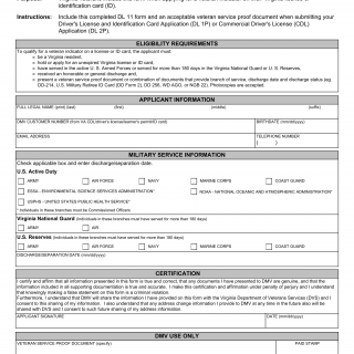 Form DL 11. Virginia Veteran Military Service Certification - Virginia