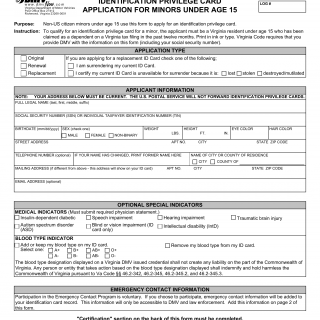 Form DL 23. Identification Privilege Card Application For Minors Under Age 15 - Virginia