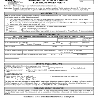 Form DL 5. Identification Card Application for Minors Under Age 15 - Virginia