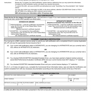 Form DL 8. Commercial Driver's License (CDL) Self-Certification - Virginia