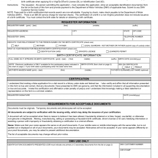 Form DL 80. Electronic Birth Certification Request Not Born in Virginia