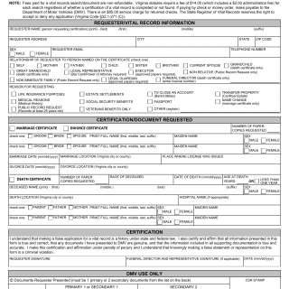 Form DL 82. Virginia Vital Record Application - Marriage/Divorce/Death Certificate
