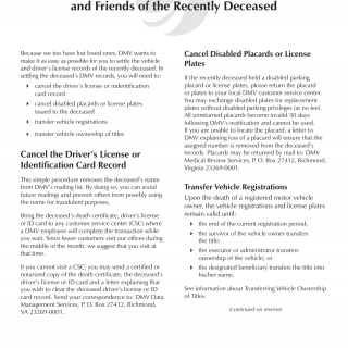 Form DMV 105. DMV Guide for Familiy Members and Friends of the Recently Deceased - Virginia
