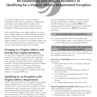 Form DMV 143. Re-establishing Your VA Residency/Qualifying for a VA Address... - Virginia