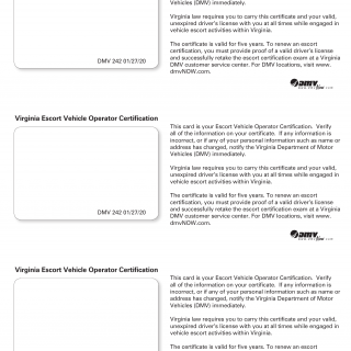 Form DMV 242. Escort Vehicle Operator Certification Card - Virginia