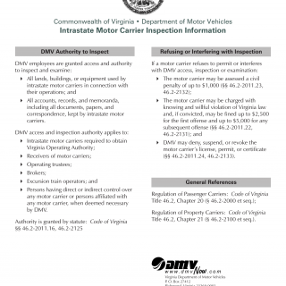 Form DMV 257. Intrastate Motor Carrier Inspection Information Flyer - Virginia