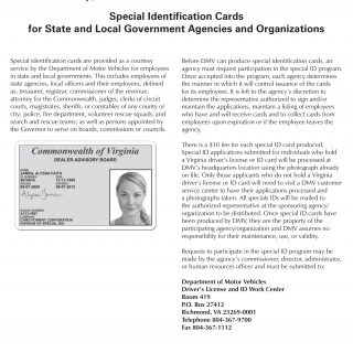 Form DMV 285. Special Identification Cards for State and Local Government Agencies and Organizations - Virginia