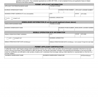 Form DSD 11. Mobile Demolisher Permit of Operation, Application - Virginia