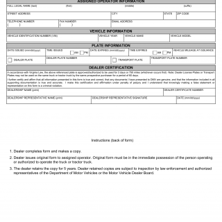 Form DSD 27-A. Permit to Use Dealer or Temporary Transport Plate on Trucks or Tractor Trucks - Virginia