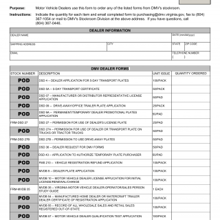 Form DSD 36. Dealer Request for DMV Forms - Virginia