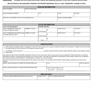 Form DSD 4. Dealer Application for 30-Day Temporary/5-Day Transport Plates - Virginia
