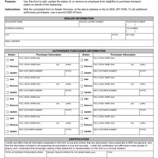 Form DSD 43. Authorize Temporary Plate Purchaser, Application To - Virginia