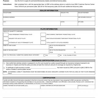 Form DSD 9A. Permanent/Temporary Dealer Promotional Plates Application - Virginia