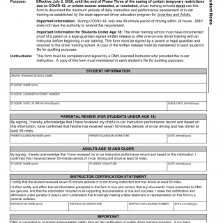 Form DTS 14 19. Driving Training School Student In-Car Instruction Record (COVID-19) - Virginia