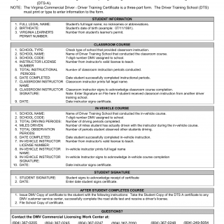 Form DTSA I. Virginia Commercial Driver Training Certificate Instructions - Virginia