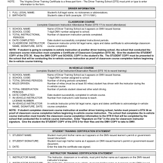 Form DTSD I. Virginia Driver Training Completion Certificate - Adult Waiver Instructions - Virginia