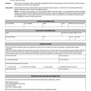 Form FMS 210. Vehicle Registration Refund, Application for - Virginia