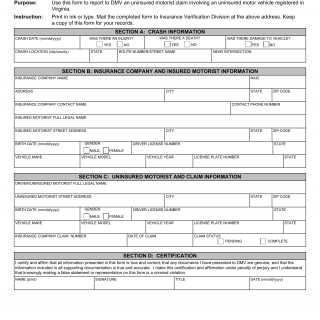 Form FR 205. Report of an Uninsured Motorist Claim (for Insurance Companies Only) - Virginia