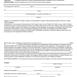 Form FT 459. Assignment of Securities in Lieu of Surety Bond - Virginia