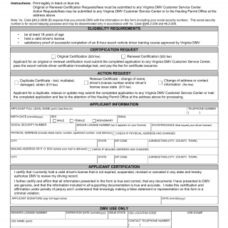 Form HP 404. Escort Vehicle Driver Certification Application - Virginia