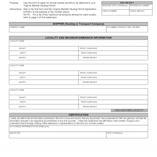 Form HP 406. Virginia Blanket Hauling Permit Permit Locality Addendum - Virginia