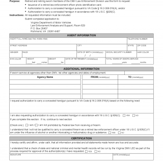 Form LE 28. Retired Agent Application for Identification Card and Authorization to Carry a Concealed Handgun - Virginia
