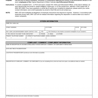 Form LE 70. DMV Law Enforcement Division Citizen Complaint or Comment - Virginia