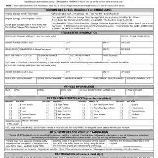 Form LES 022A. Request for Repaired or Rebuilt Salvage Vehicle Examination - Virginia
