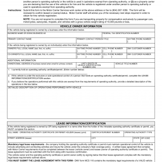 Form MCS 115. For-Hire Vehicles Registration Request - Virginia