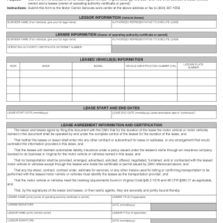 Form MCS 116. Motor Carrier Motor Vehicle Lease Agreement - Virginia
