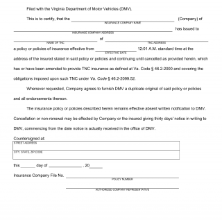 Form MCS 306. Virginia TNC Insurance Certificate - Virginia