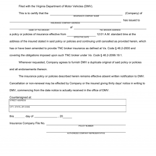 Form MCS 310. Virginia TNC Broker Insurance Certificate - Virginia