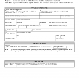 Form MCTS 271. Virginia IRP and/or Fuel Trip Permit, Application for - Virginia