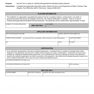 Form MED 11. Institutional/Organizational Disabled Parking Placard Application - Virginia