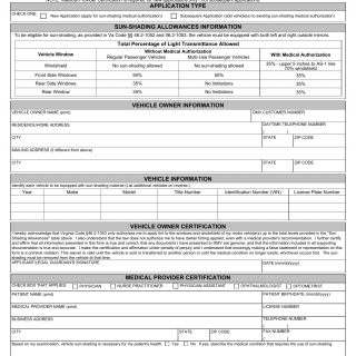 Form MED 20. Sun-Shading Medical Authorization Application - Virginia
