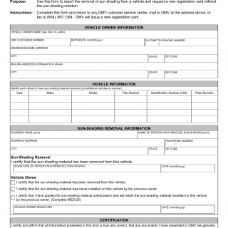 Form MED 21. Sun-Shading Removal Certification - Virginia