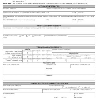 Form MED 40. Vision Examination Form for Wearers of Bioptic Telescopic Lens - Virginia