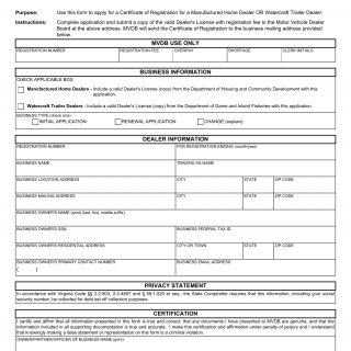 Form MVDB 54. Manufactured Home Dealer or Watercraft Trailer Dealer Certificate of Registration Application - Virginia