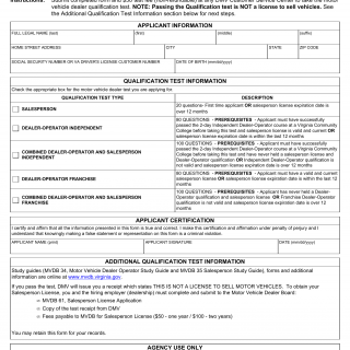 Form MVDB 57. Dealer Operator/Salesperson Qualification Test Application - Virginia