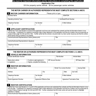 Form OA 143. Intrastate Operation of Rental Vehicle Authorization Appl. - Virginia