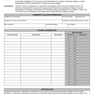 Form TPT 005a. Va Community College System Confirmation of Students Issued a Commercial Driver's License - Virginia