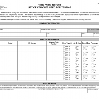 Form TPT 558. Third Party Tester List of Vehicles Used for Testing - Virginia